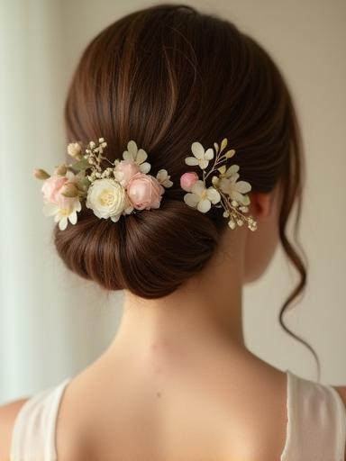 Elegant bridal hair updo with floral accessories