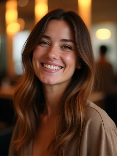 Smiling client in the salon post-styling